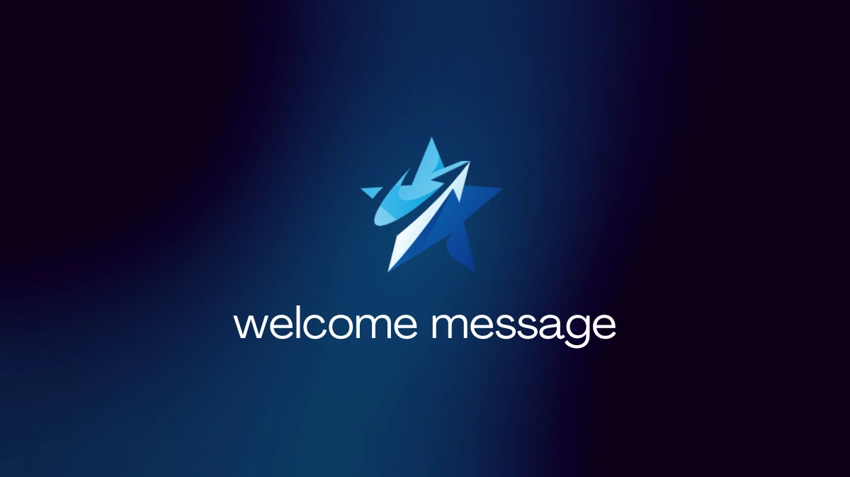 “Welcome Message – Messaggio di benvenuto” “Immagine con sfondo sfumato nei toni del blu e del viola. Al centro è presente un simbolo grafico a forma di stella stilizzata nei toni dell’azzurro. Sotto il simbolo compare il testo ‘welcome message’ in colore bianco.”