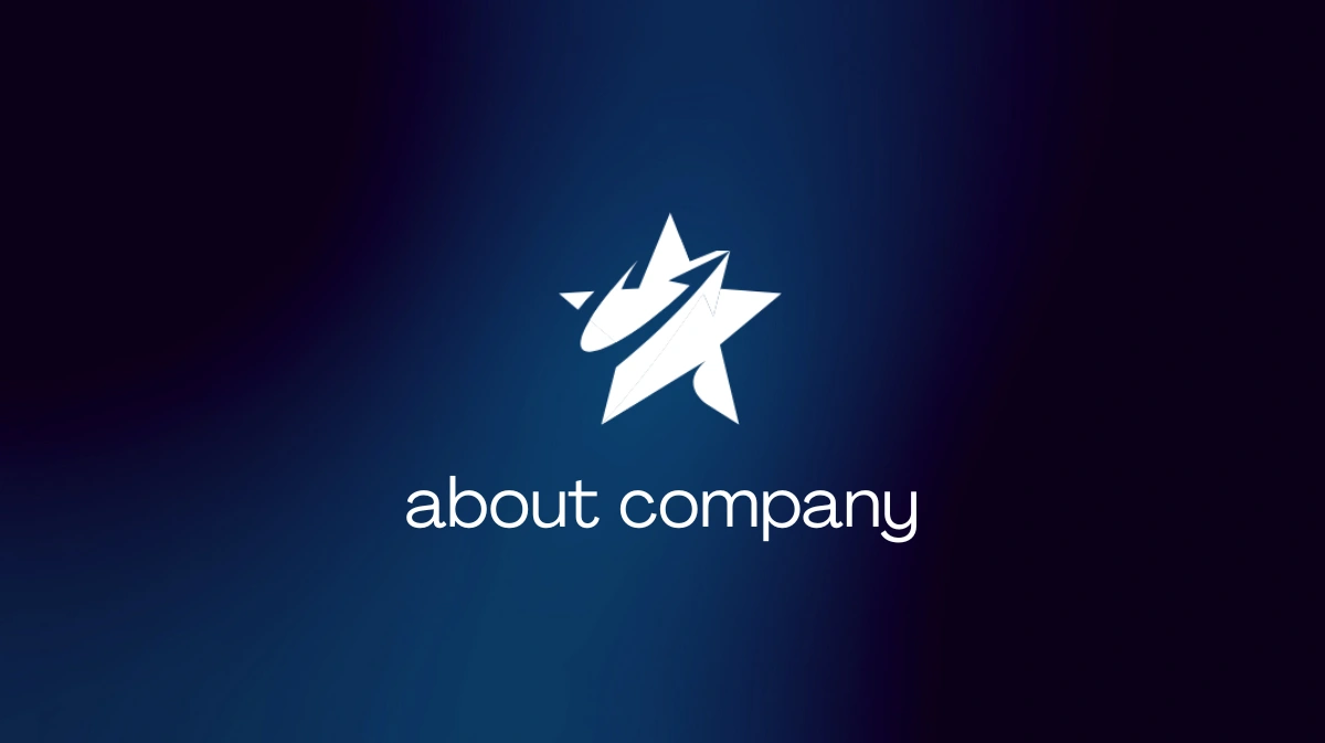 “Sezione About Company – Identità aziendale” “Immagine con sfondo sfumato nei toni del blu e del viola. Al centro è presente un simbolo grafico bianco a forma di stella stilizzata. Sotto il simbolo compare il testo ‘about company’ in colore bianco.”