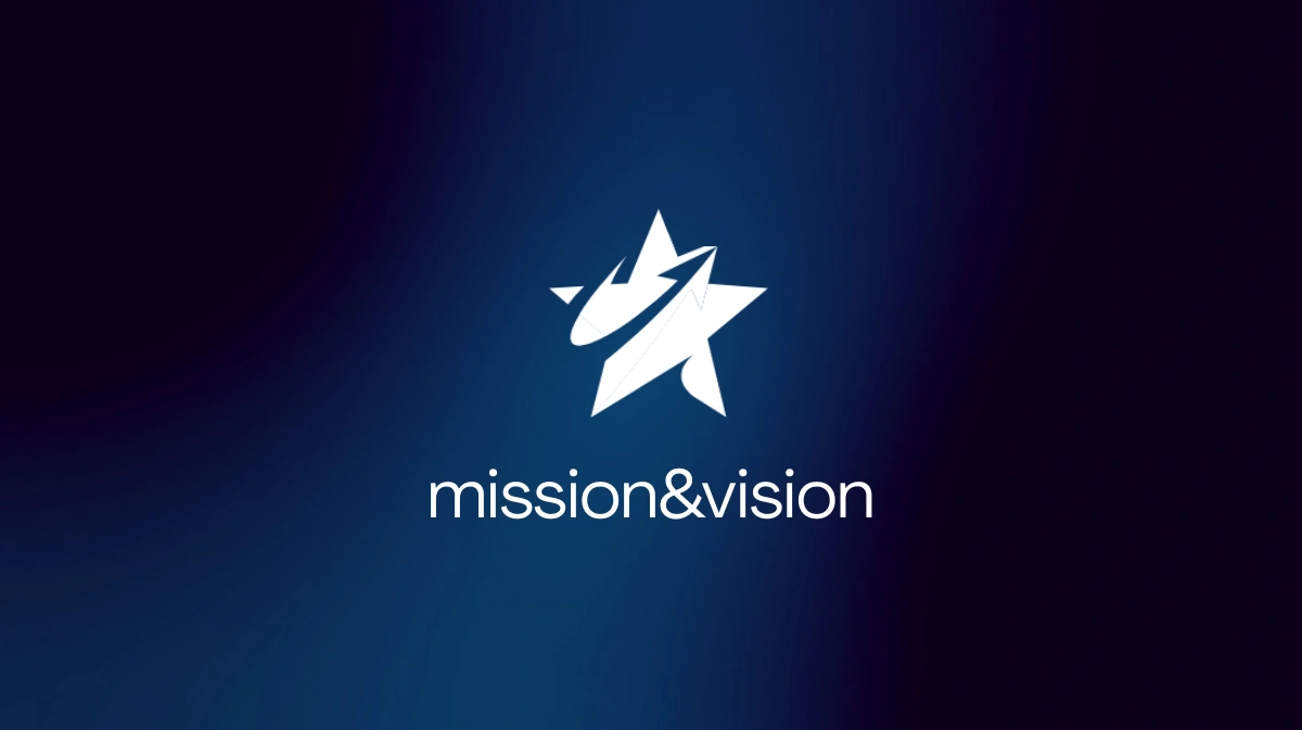 “Mission & Vision – Valori e orientamento strategico aziendale” “Immagine con sfondo sfumato nei toni del blu e del viola. Al centro è presente un simbolo grafico bianco a forma di stella stilizzata. Sotto il simbolo compare il testo ‘mission&vision’ in colore bianco.”
